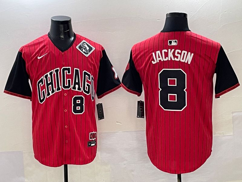 Men Chicago White Sox 8 Jackson Red Stripe Joint Name Nike 2025 MLB Jersey style 35